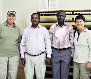 Deborah Schatzlein, far left, and Cindy Paulson, far right, owners of Bink Wines, met with Rwandan winery owner Sina Gerard, second from left, and Rulindo District Mayor Justus Kangwagye during an advisory tour during a trip with Water for People this summer. (Photo: Courtesy of Bink Wines)