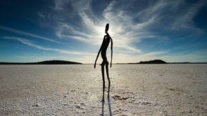 Acclaimed British sculptor Sir Antony Gormley’s permanent exhibit “Inside Australia” features 51 steel sculptures standing 6.2 miles (10 square kilometers) apart on the white plain of Lake Ballard in Western Australia. (Photo: www.cjhawkins.net)