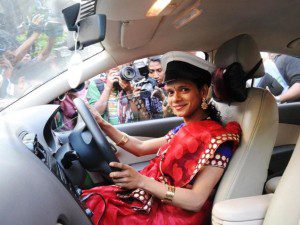 Sanjivani, a member of the LGBT community, at the launch of Wings Rainbow radio taxi service in Mumbai on Wednesday, January 20. (Photo: Vivek Bendre / The Hindu)