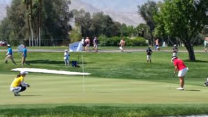 Michelle Wie, left, watching the ball as Lydia Ko, right, putts during the ANA Inspiration LPGA Golf Tournament at Mission Hills Golf Club in Rancho Mirage, California in 2015. (Photo: Super G)