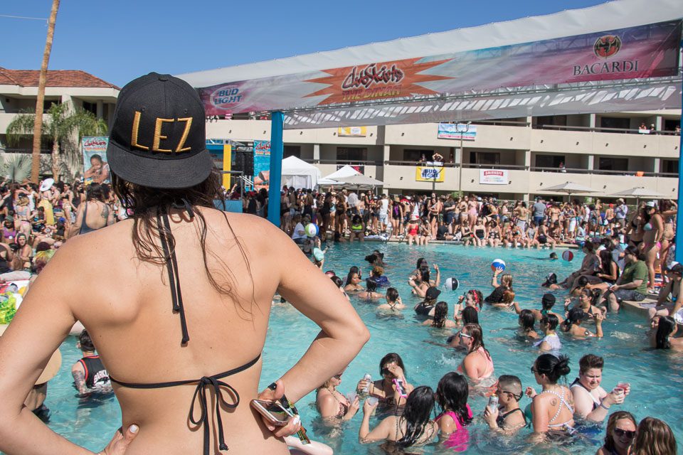 The girls cry out “Lez party!” at the Cabana Pool Party at The Dinah. (Photo: Girls That Roam / Pipi Diamond)