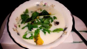 The Turkish Hot Yogurt Soup, created with sweet corn pat a shu (gnocchi-like dumplings with flour and herbs), mint and chili is light and subtle in its flavors. (Photo: Super G)